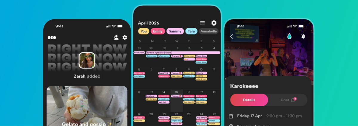 Screenshots from the howbout app, the social calendar for live updates from friends that makes it easier to get your friends together and actually get your plans out of the group chat
